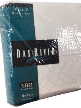 Dan River NOS No Iron Percale Sheet Set White Eyelet Full Double 180 Thread Ct